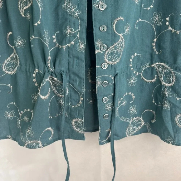 Christopher & Banks Teal Embroidered Button Front Drawstring Waist Top Sz LG - Picture 5 of 9